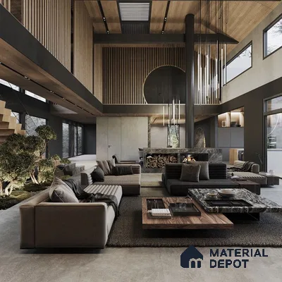 a living room filled with lots of furniture and a large windows in the center of the ceiling fan next to a kitchen and wooden floor in front of a dining room with lots of a window sill of